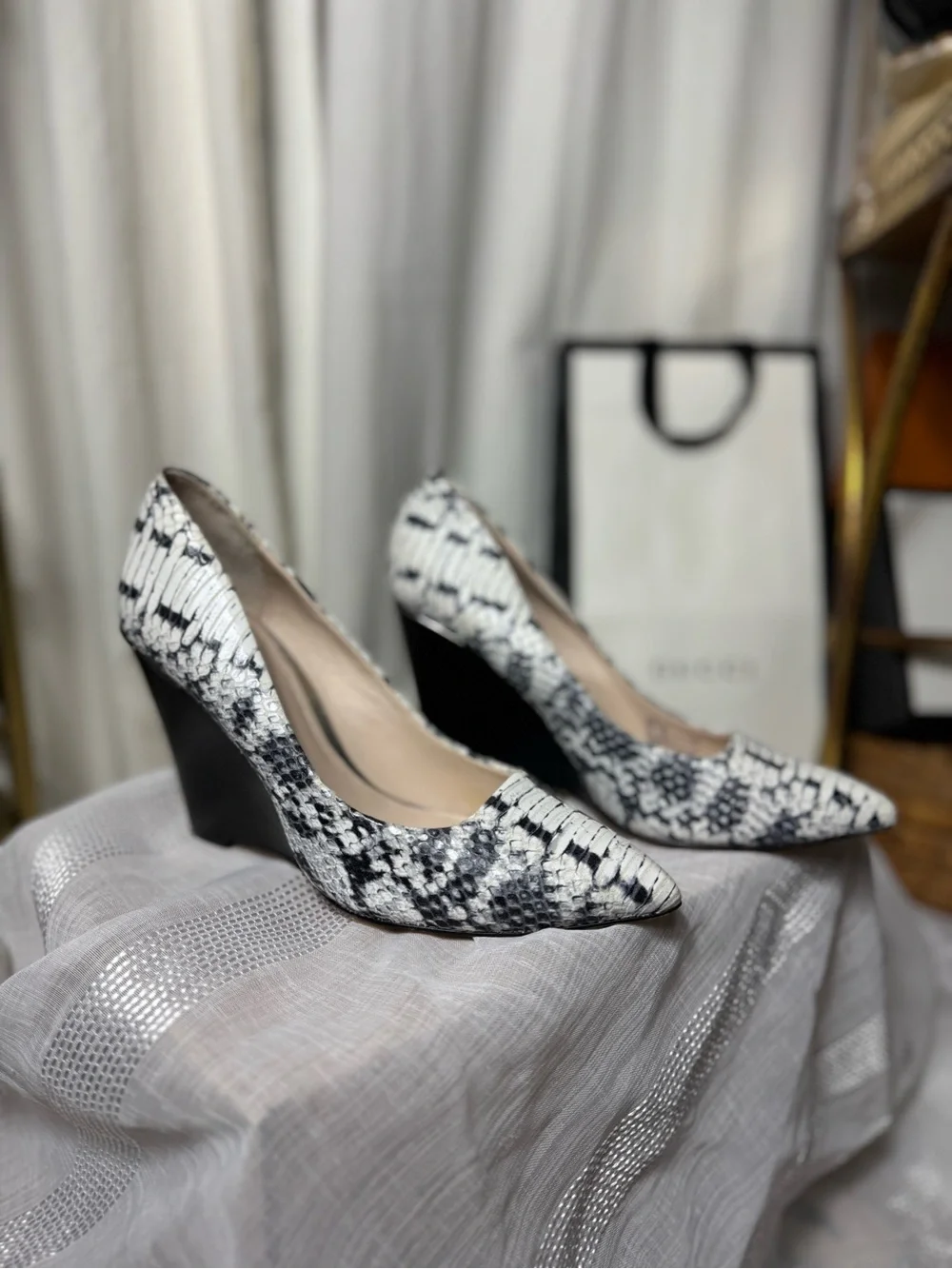 Coach Black and White Snakeskin Pointed Wedge Pumps